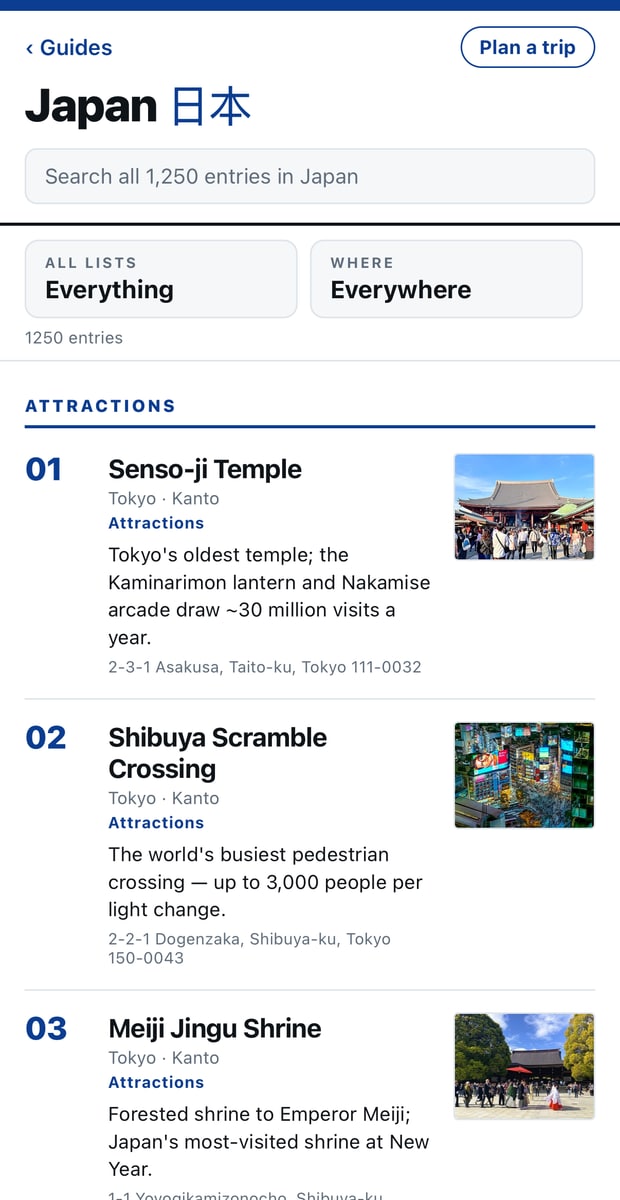 The Japan guide open on Everything, showing Senso-ji Temple, Shibuya Scramble Crossing and Meiji Jingu Shrine with photographs
