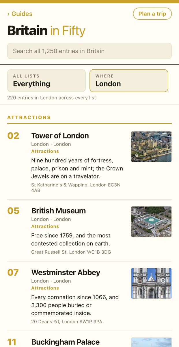 Everything plus London: 220 entries grouped by list, with Attractions first