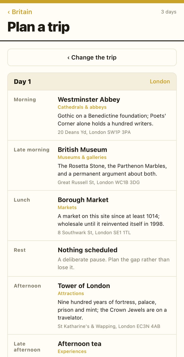 A planned Day 1 in London: Westminster Abbey, the British Museum, Borough Market, a deliberate pause, then the Tower