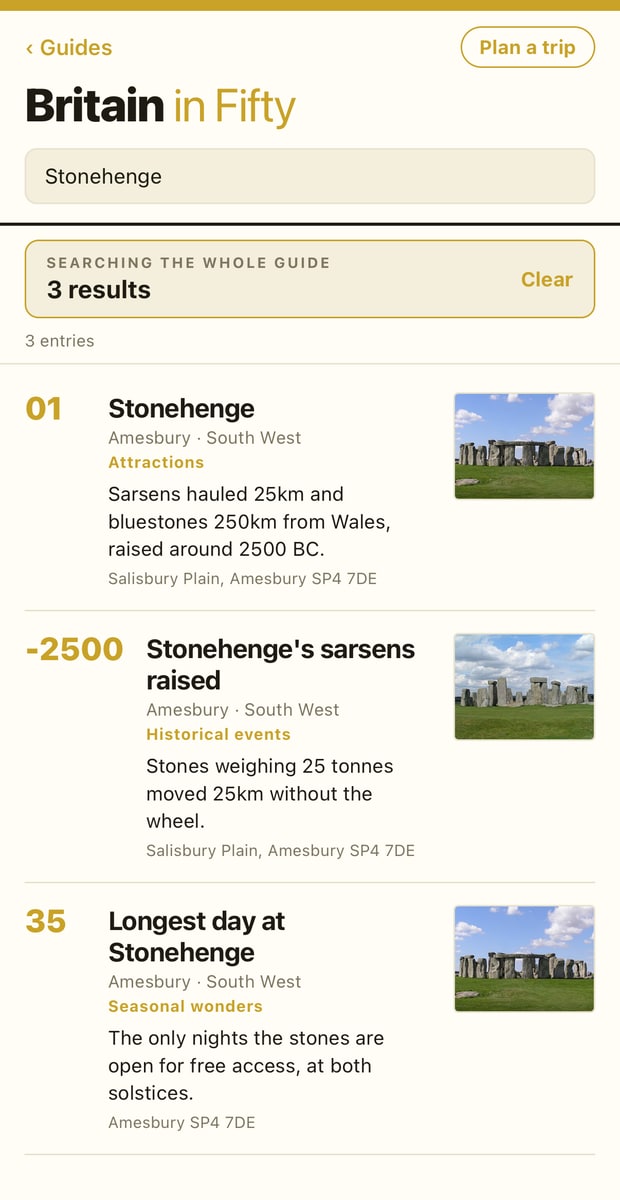 Searching the whole guide for Stonehenge: three results, from Attractions, Historical events and Seasonal wonders